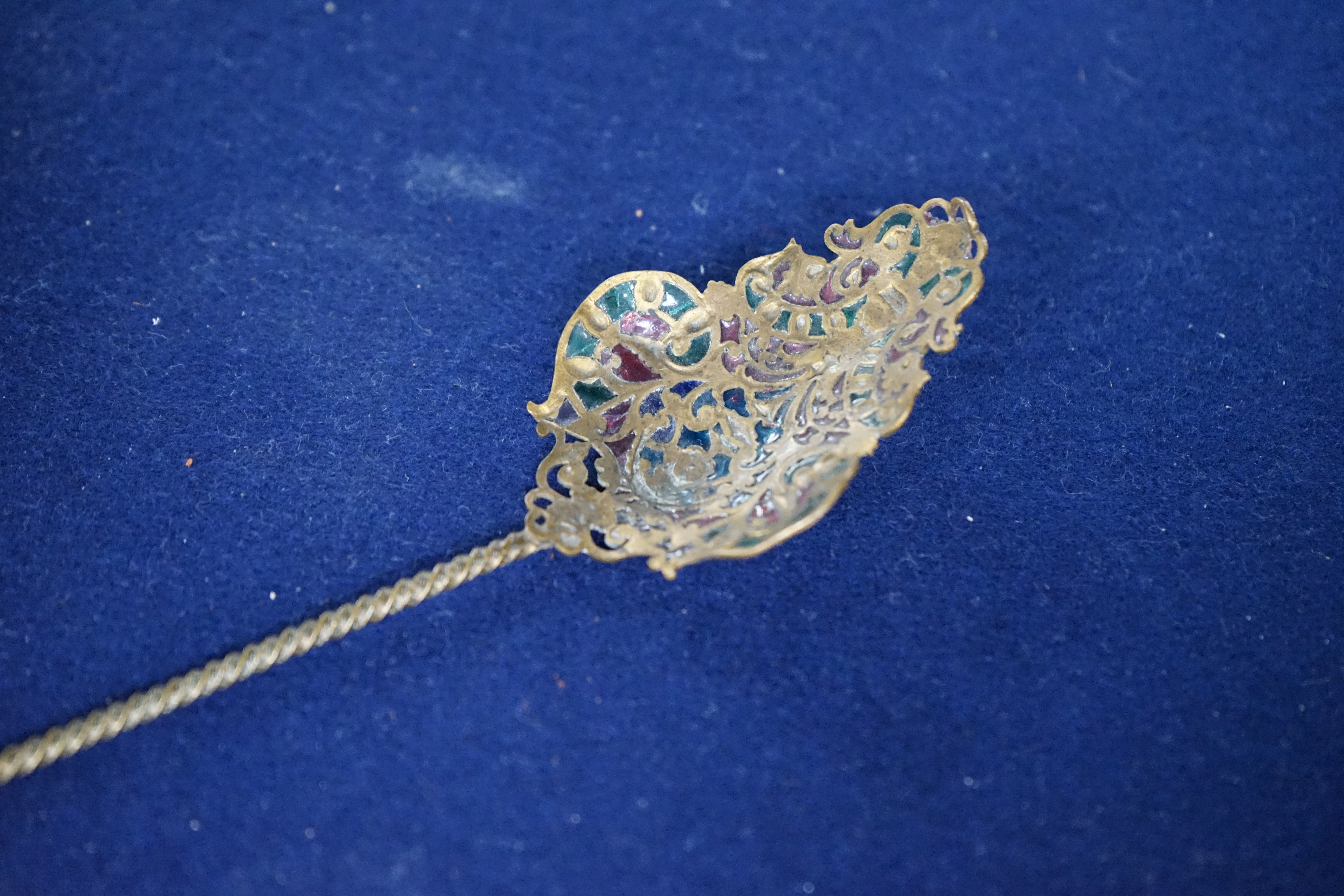 A plique à jour enamel spoon, 21cm. Condition - fair, minor damage and losses to enamel